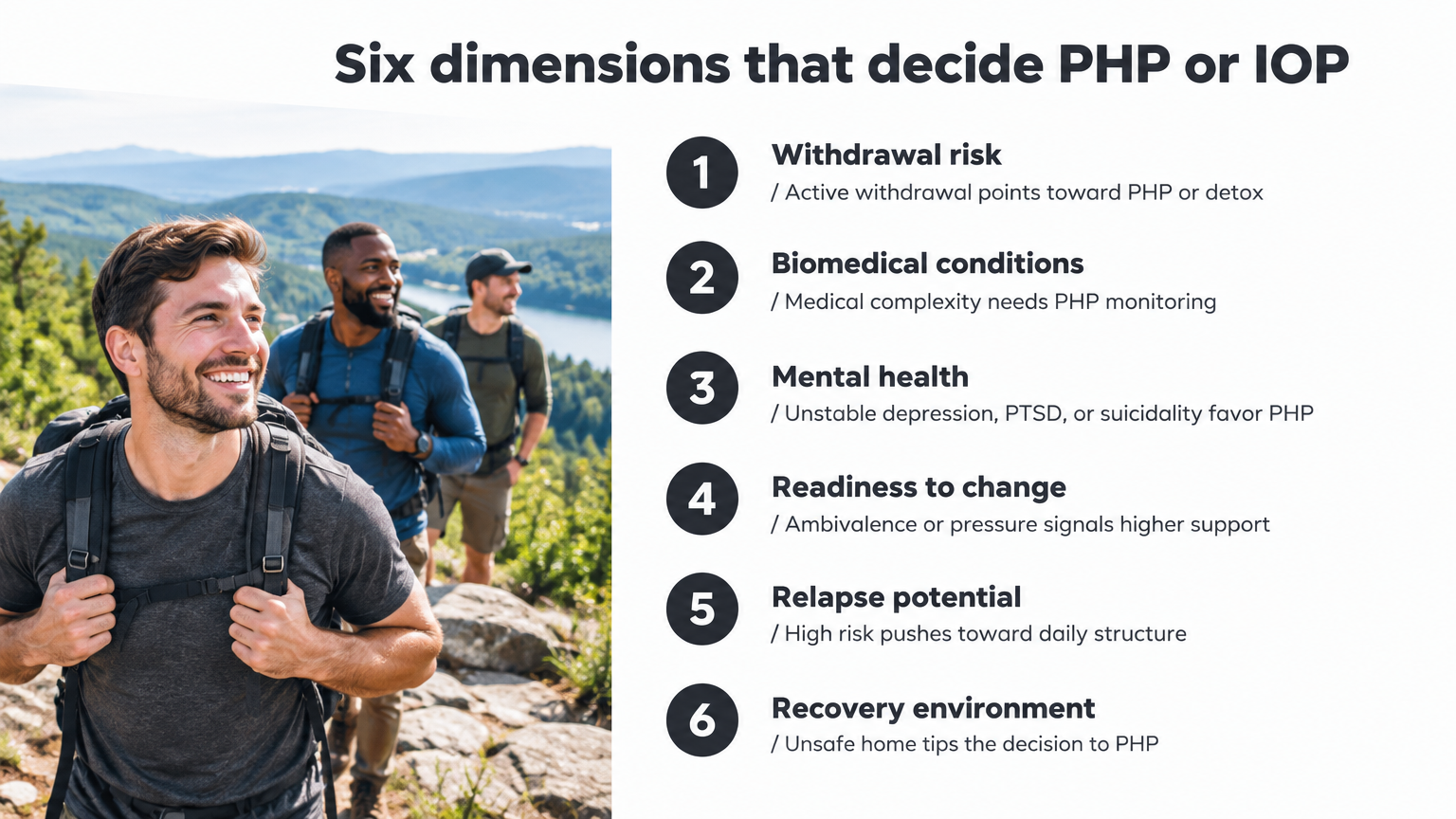 Infographic listing six clinical dimensions used to decide between IOP vs PHP care