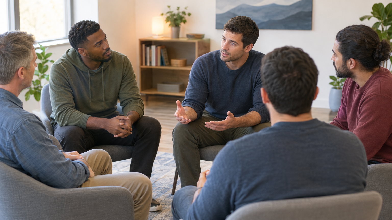Five men sitting in a circle during a group therapy session in a warmly lit room.