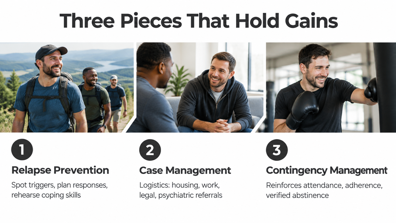 Infographic showing relapse prevention, case management, and contingency management in IOP curriculum
