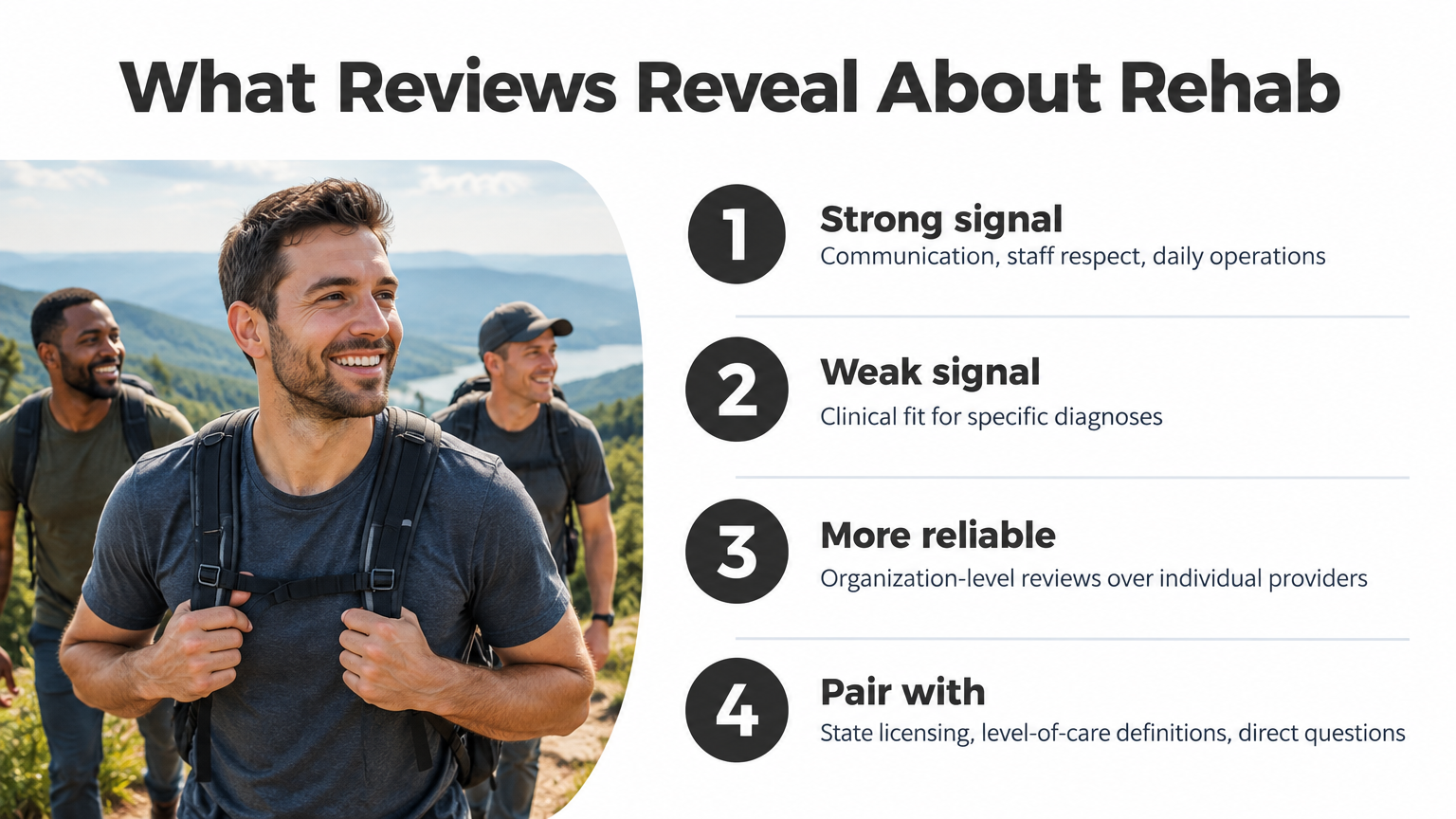 Infographic listing what Spring Hill recovery reviews reveal about rehab quality signals