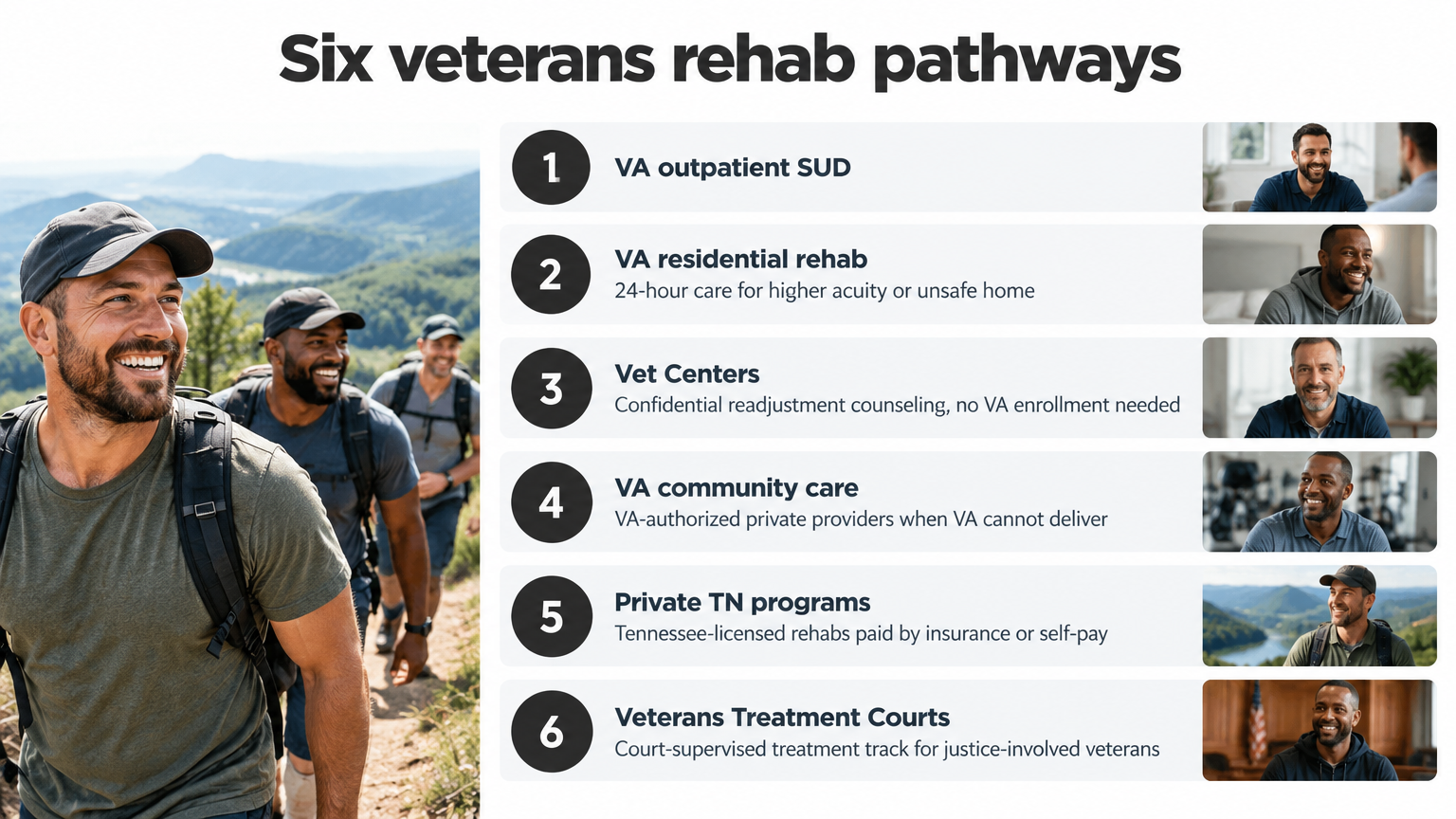 Infographic listing six veterans rehab pathways with short descriptions for each option.