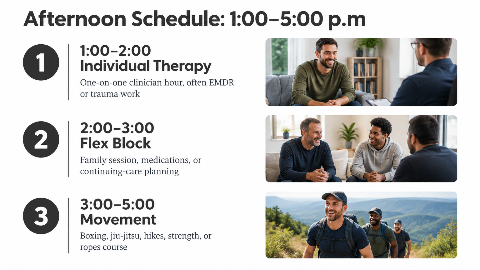 Afternoon schedule infographic for a men's rehab in Nashville showing therapy, flex block, and movement blocks