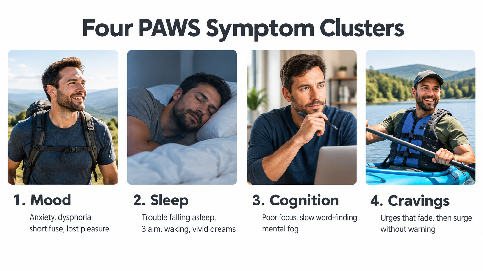 Infographic showing four PAWS symptoms clusters: mood, sleep, cognition, and cravings