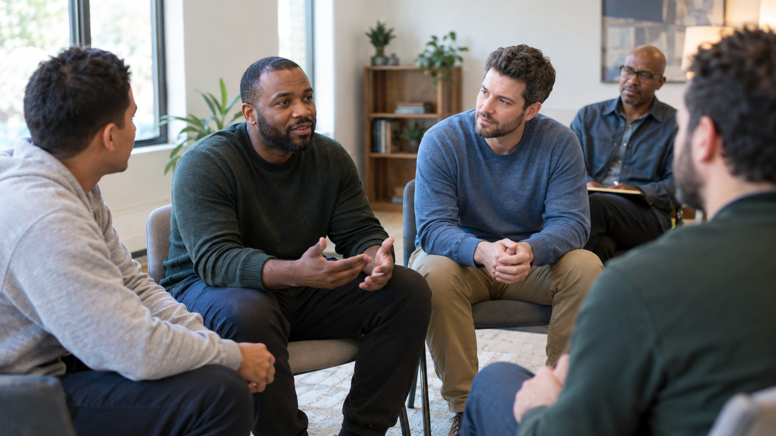 Men seated in a circle during a group therapy session with a clinician taking notes.