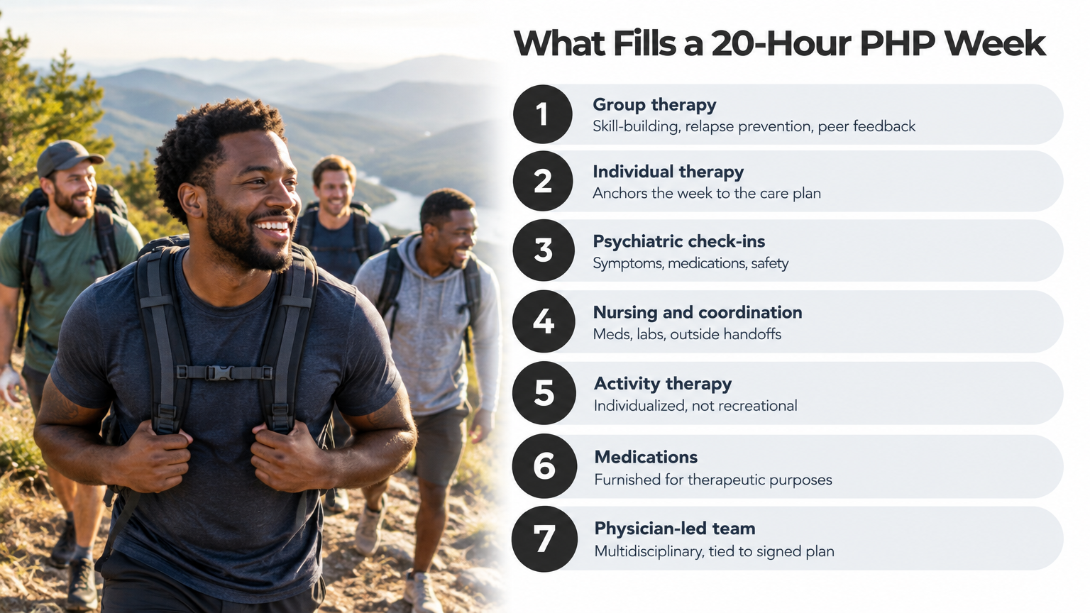 Infographic listing seven components that fill a 20-hour standards-compliant PHP week.