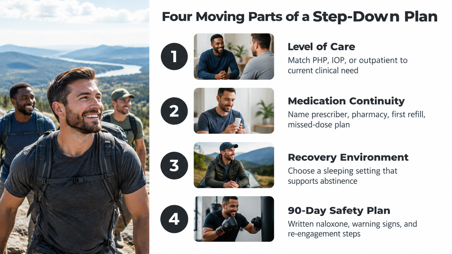 Infographic showing four moving parts of a step-down plan after long-term rehab in Nashville.