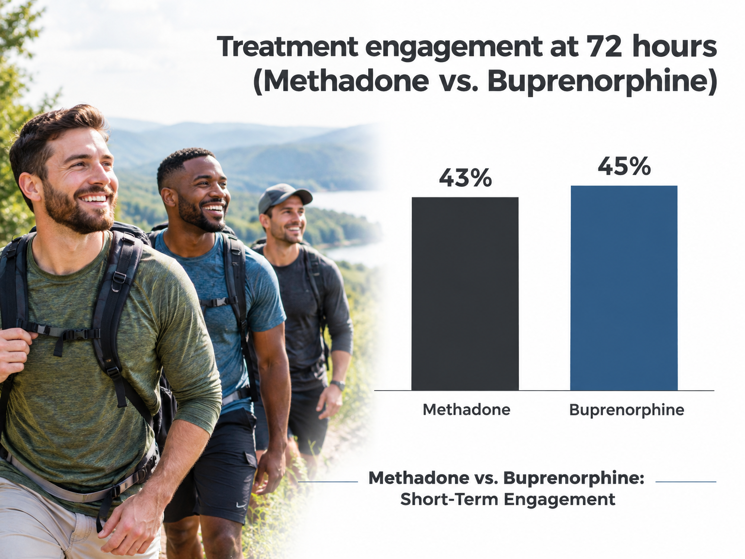 Bar chart comparing 43% methadone and 45% buprenorphine engagement at 72 hours.