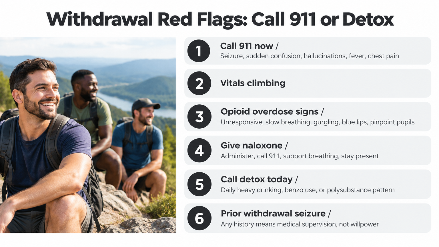 Infographic listing six withdrawal symptoms red flags requiring 911 or detox care.