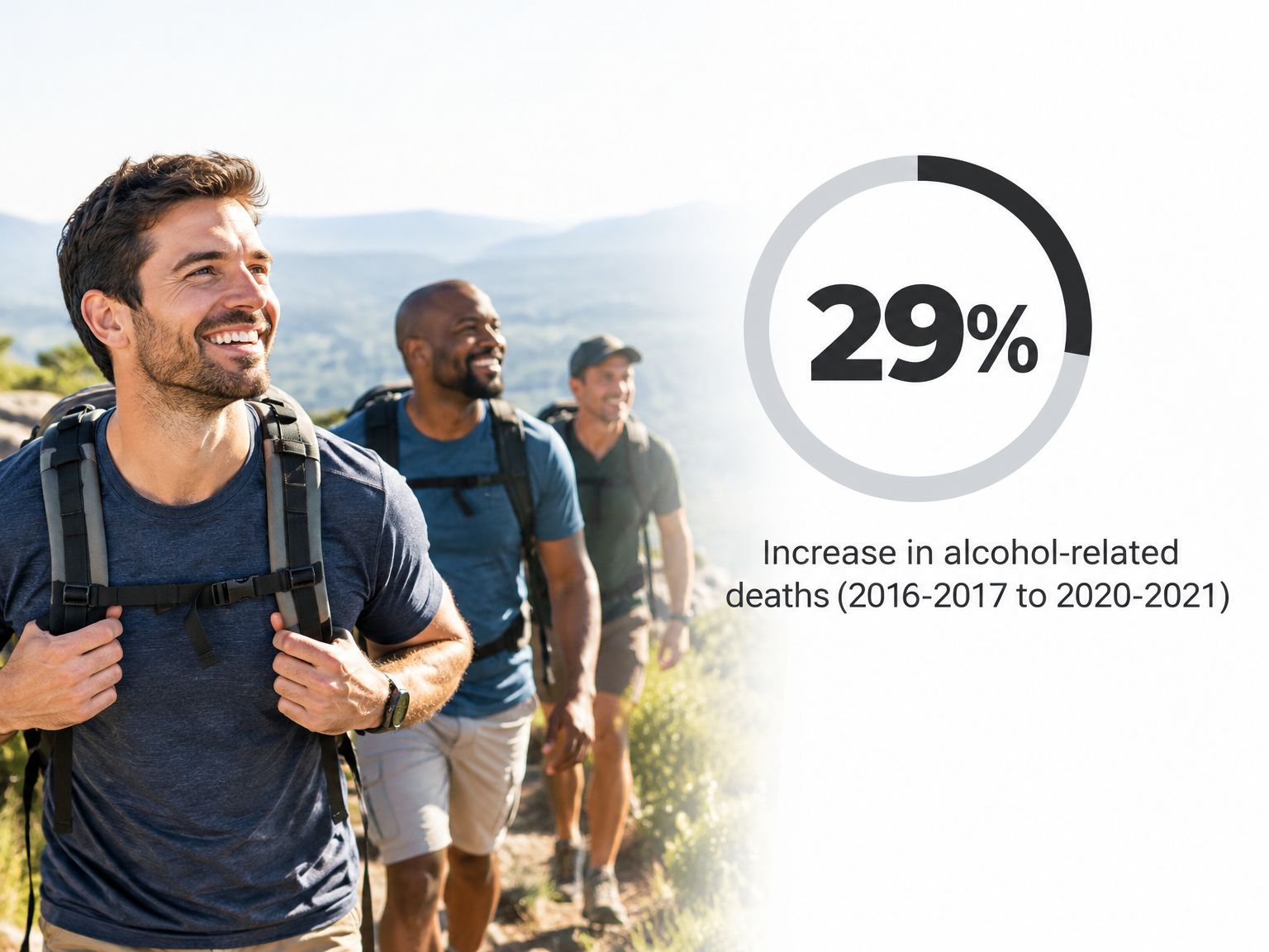 Infographic showing 29% rise in alcohol-related deaths, relevant to holistic alcohol detox risks.