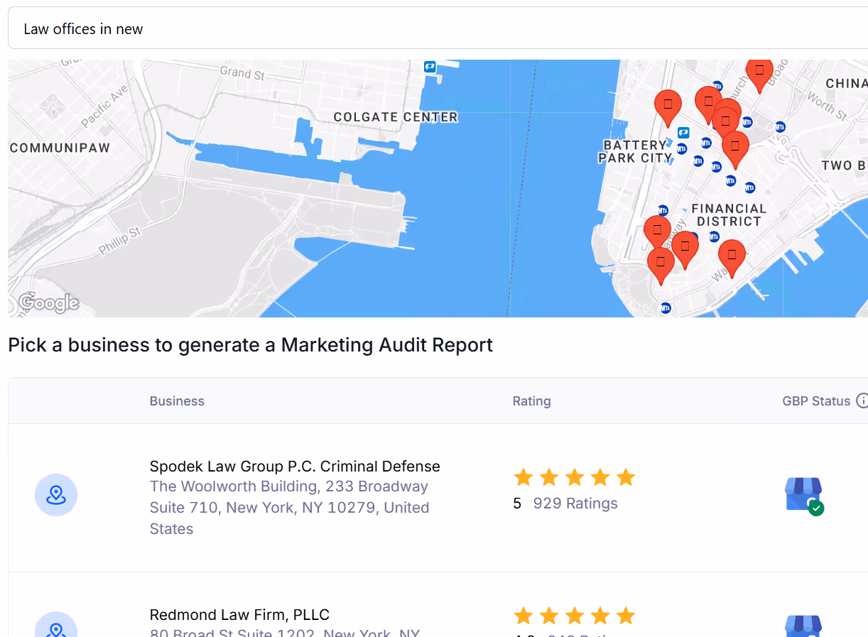 Screenshot of a lead generation tool displaying a map of law offices in New York City, with red location pins and a list of businesses sorted by rating and number of reviews.