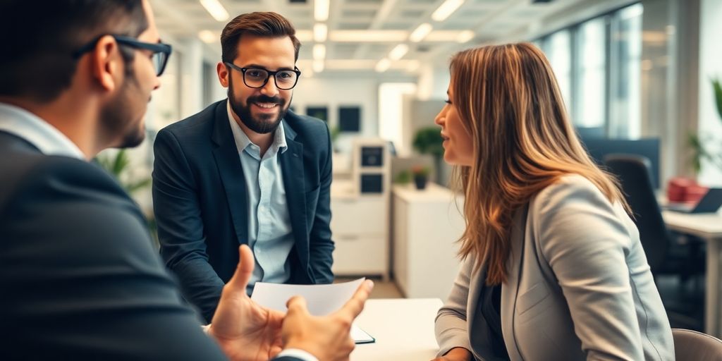 Salesperson confidently engaging with a potential client.