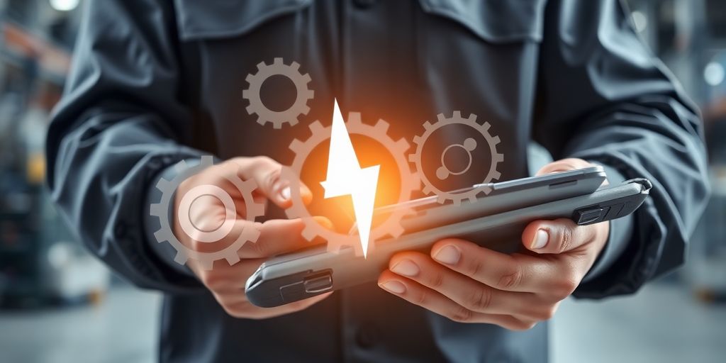 Technician with tablet, gears, and lightning bolt.