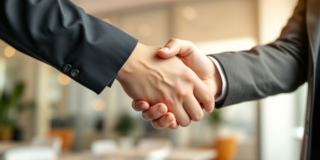 Salesperson shaking hands with satisfied client.