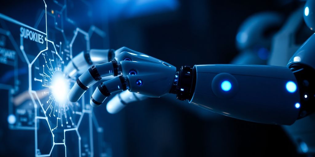 Robotic arm manipulating holographic interface.