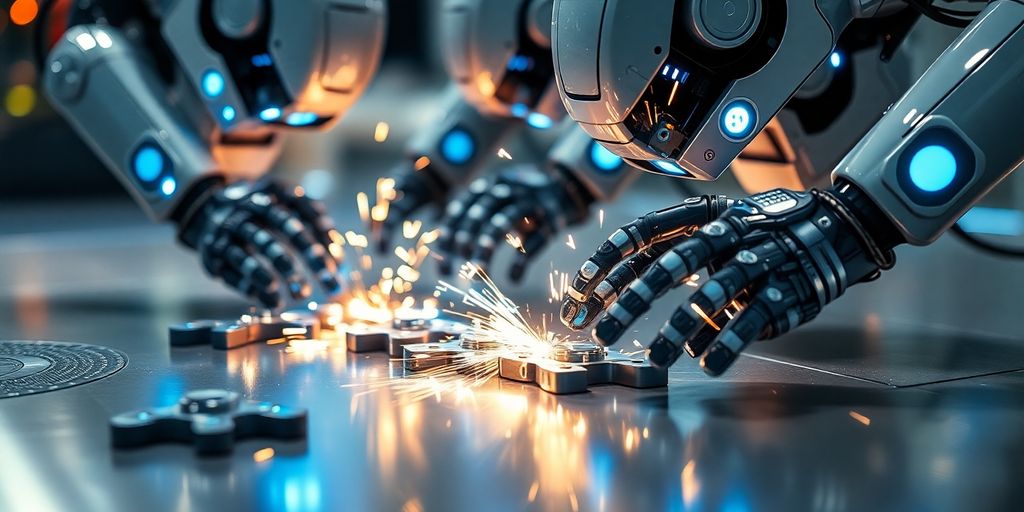 Robots collaborating on complex tasks.