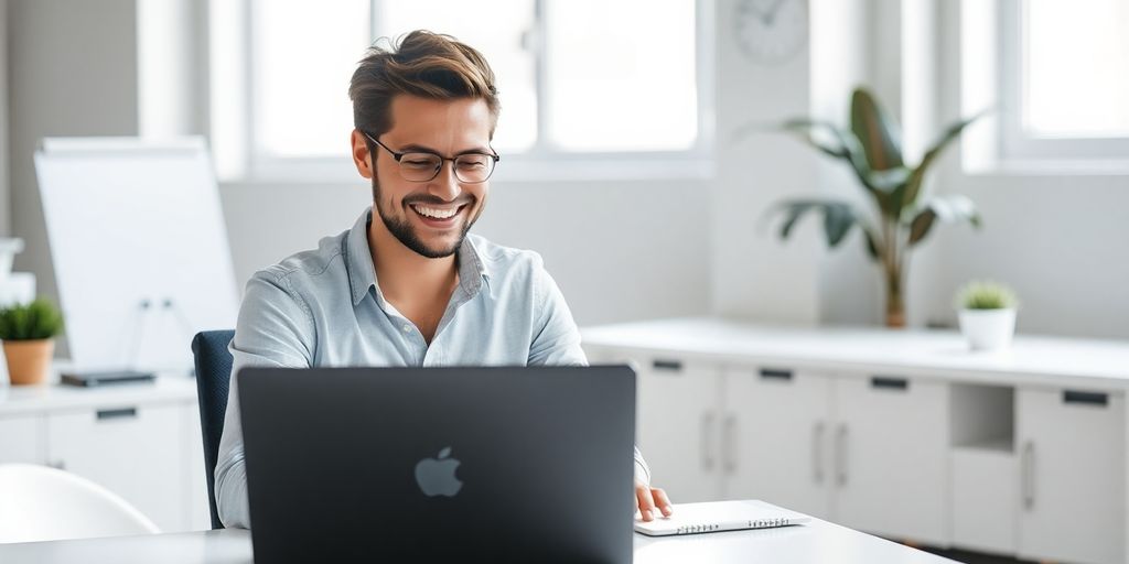 Small business owner smiling at laptop.