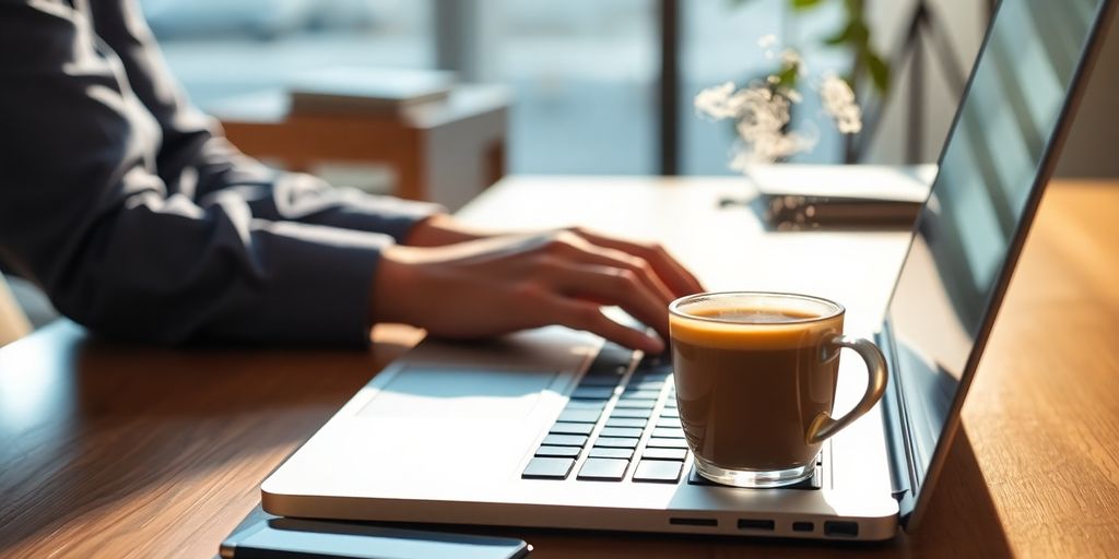 Laptop, coffee, and a small business owner.