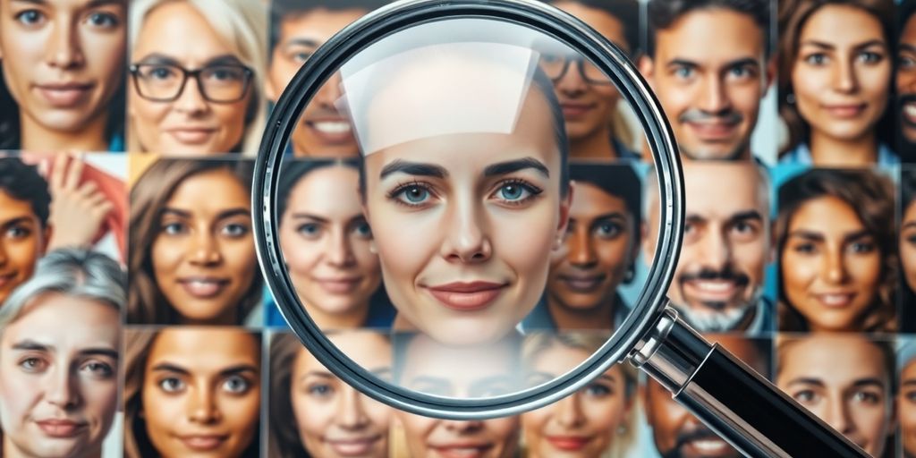 Magnifying glass over diverse professional faces, bright
