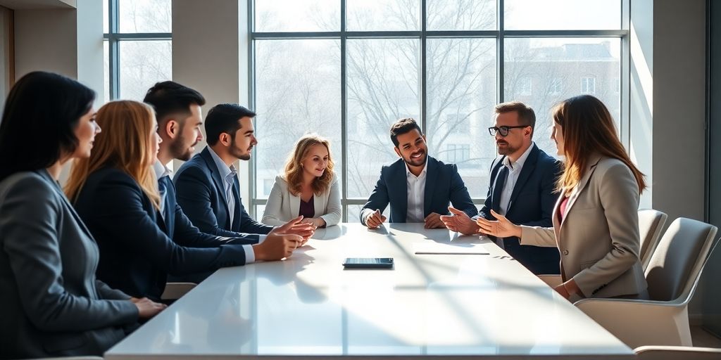 Smiling diverse sales team collaborating in modern office.
