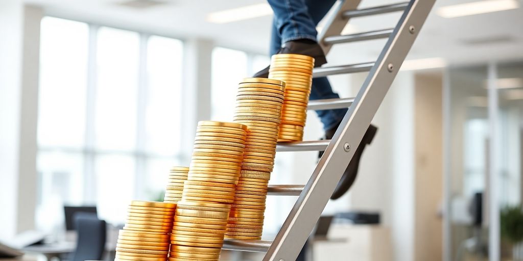 Person climbing ladder built from sales coins.