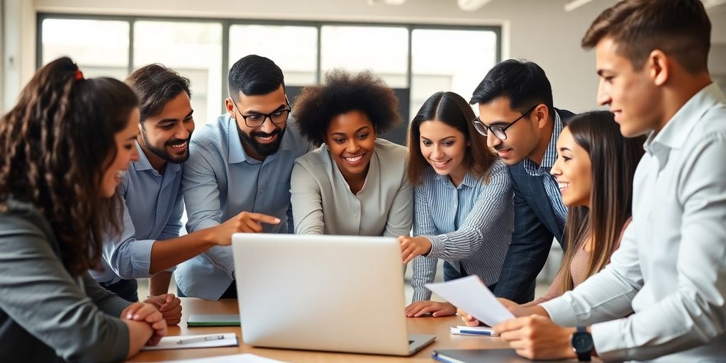 Diverse team collaborating with a laptop.
