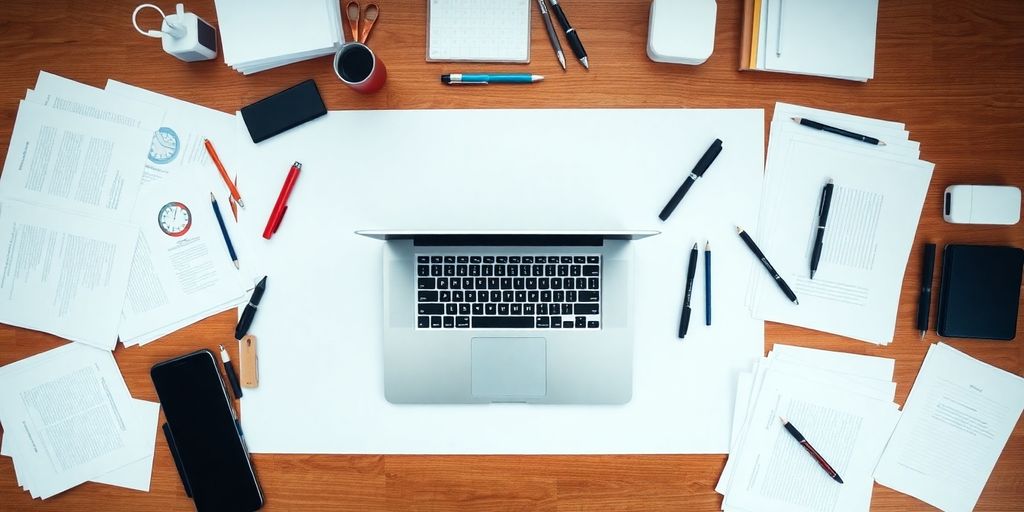 Well-organized office supplies on a clean desk.