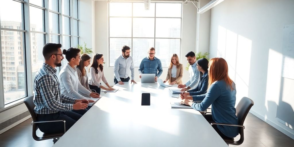 Diverse professionals collaborate around a minimalist conference table.