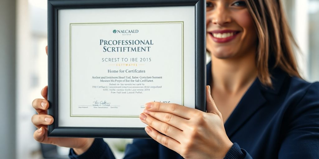 Person holding a sales certification, smiling confidently.