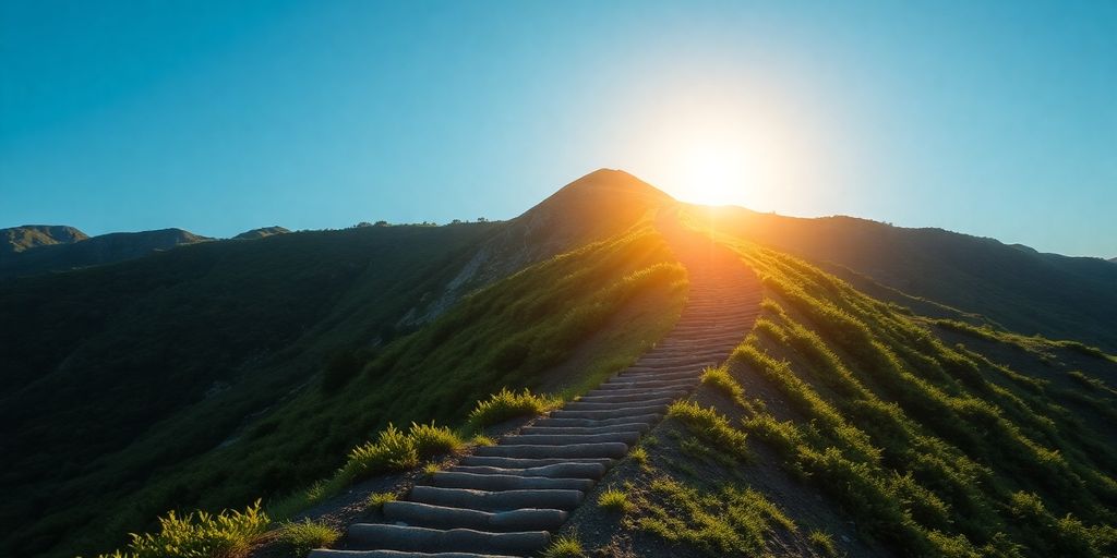 Mountain path leading to a bright summit.