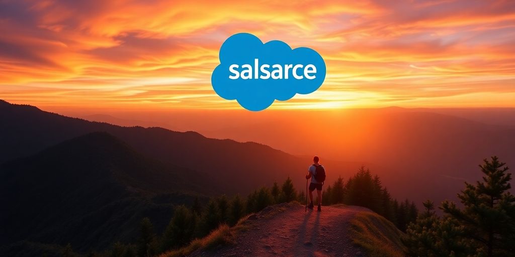 Hiker on mountain trail, Salesforce arch behind.