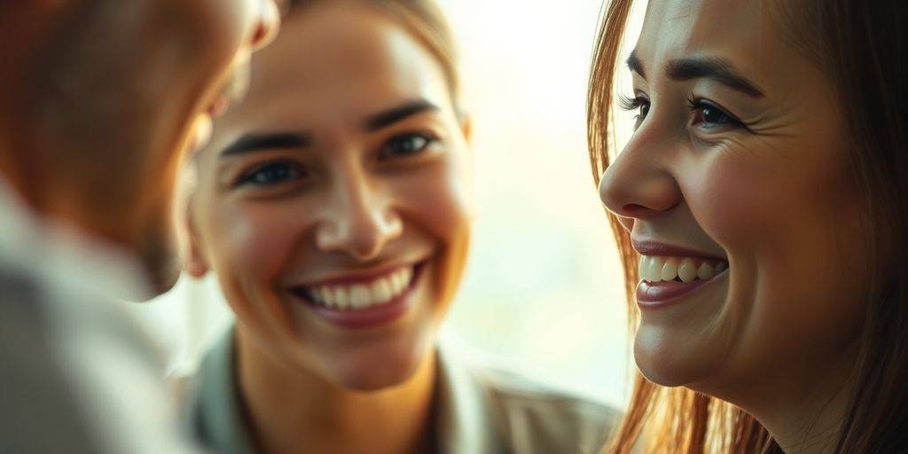 Smiling person helping customer.