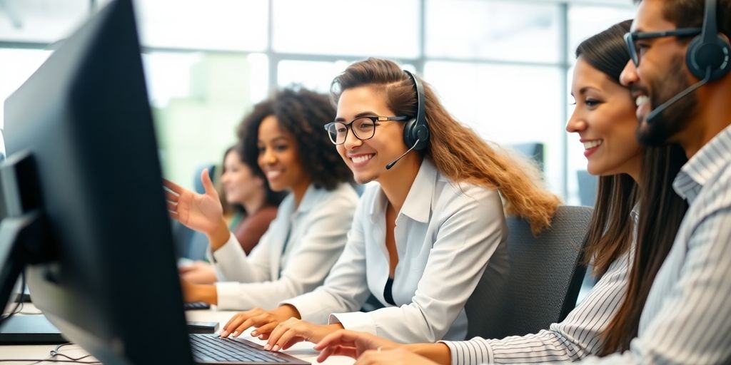 Smiling diverse team collaborates on customer service