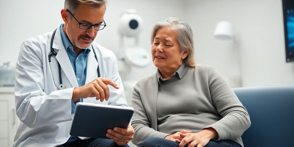 Doctor consulting patient using tablet.