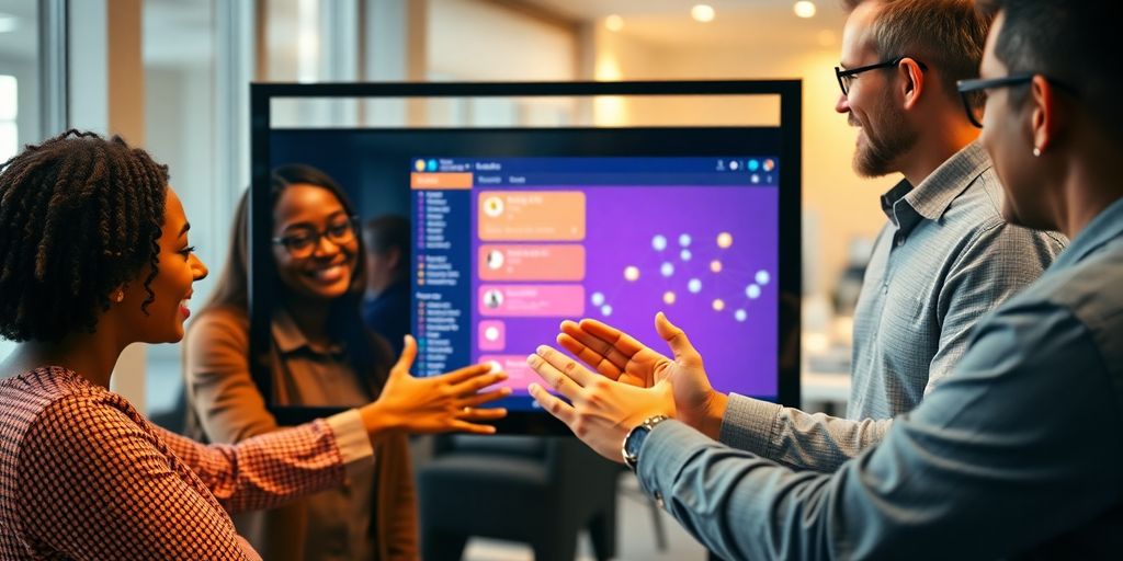 People interacting, glowing CRM interface