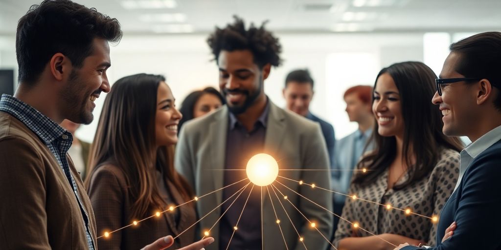 Diverse people connecting, digital lines, glowing orb center.