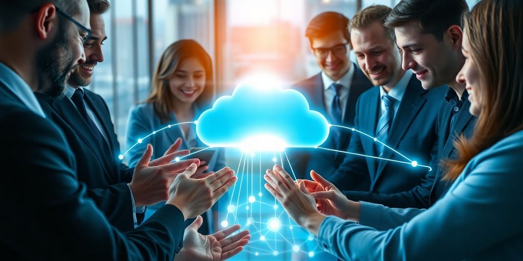 Diverse professionals engaging with futuristic cloud network.