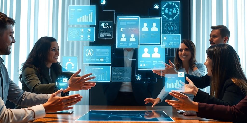 Business professionals collaborating with digital CRM tools.
