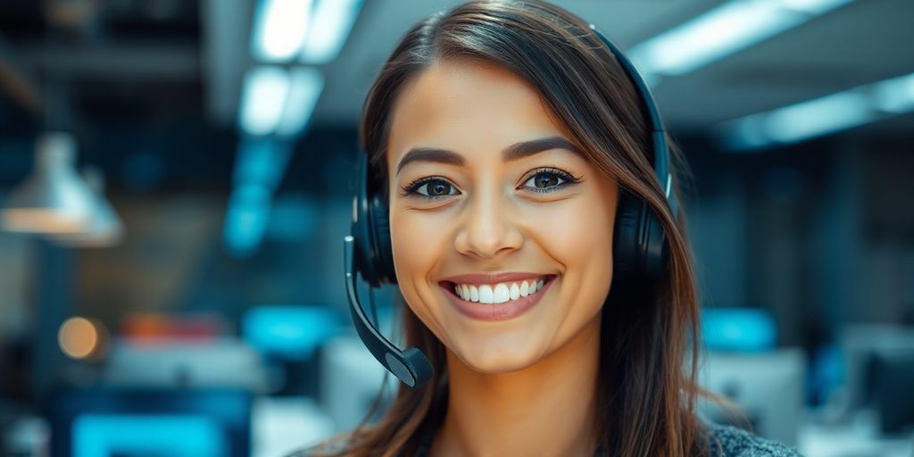 Person speaking on headset, computer screen background
