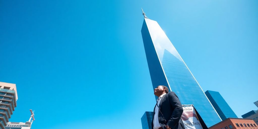 Salesforce tower, city, and a diverse business person.