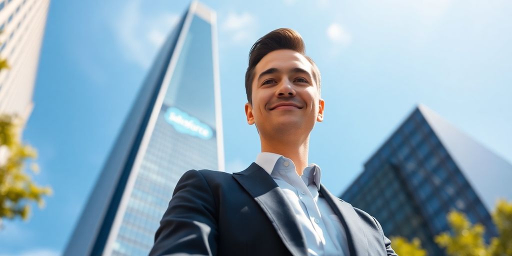 Executive in sharp suit, Salesforce tower backdrop.