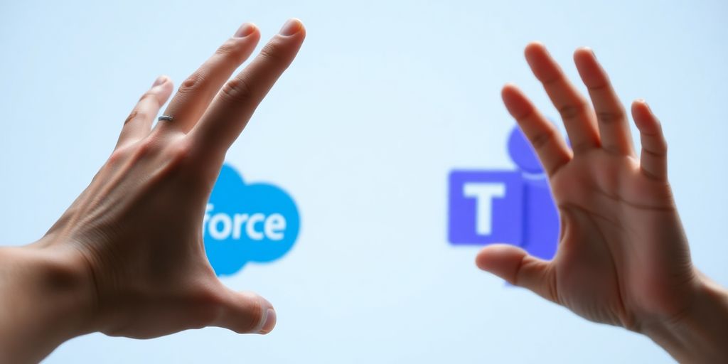 Two hands connecting, Salesforce and Teams logos nearby.