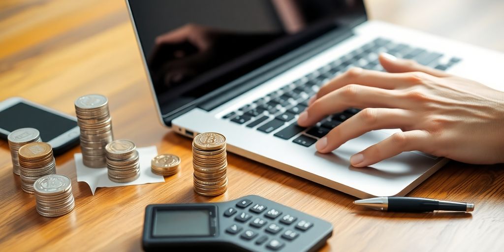 Calculator, coins, and a laptop on a wooden desk.