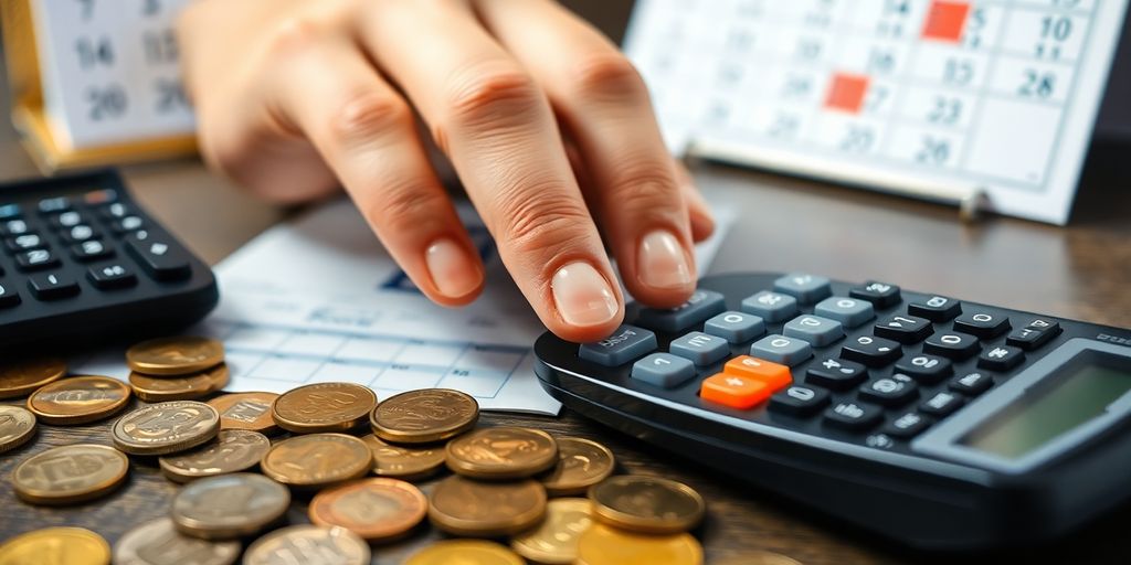 Calculator, coins, and a calendar.