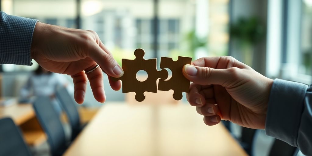 Two hands connecting puzzle pieces
