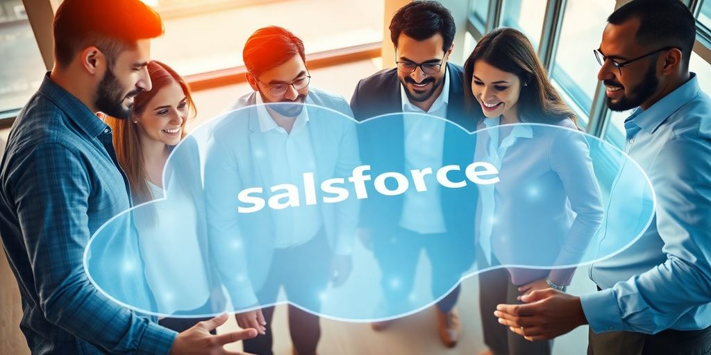 Business professionals collaborating with Salesforce cloud integration.