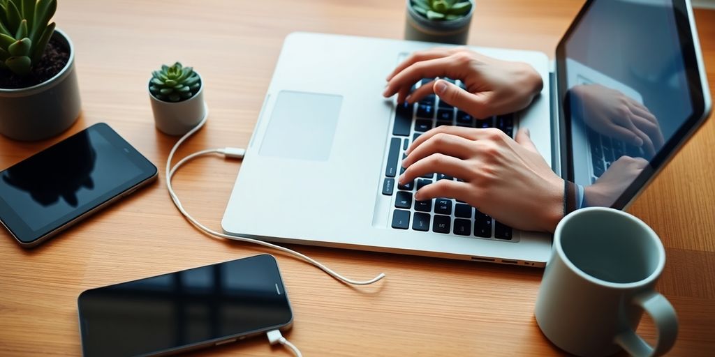 Hands typing on laptop with phone, tablet, plant, coffee, earbuds.