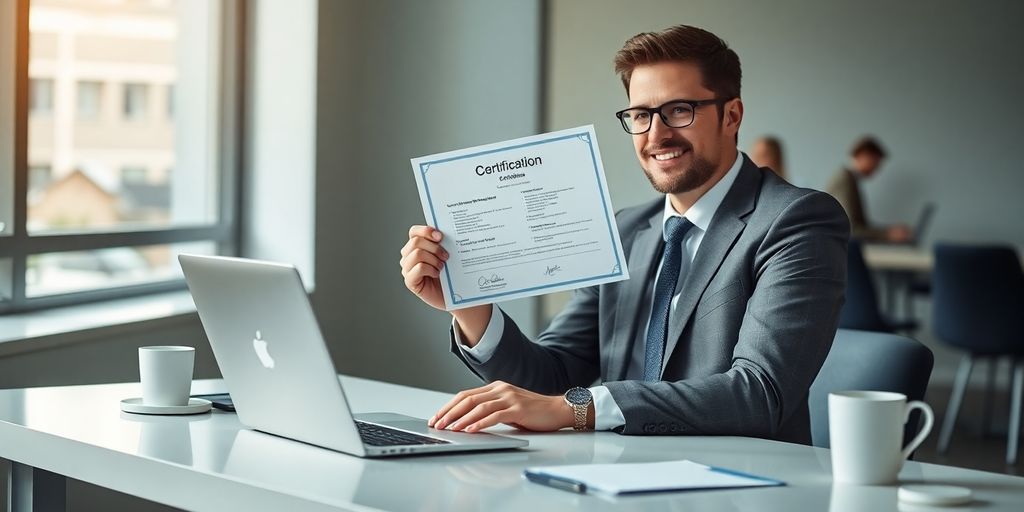 Professional smiling at desk holding CRM certification in bright office