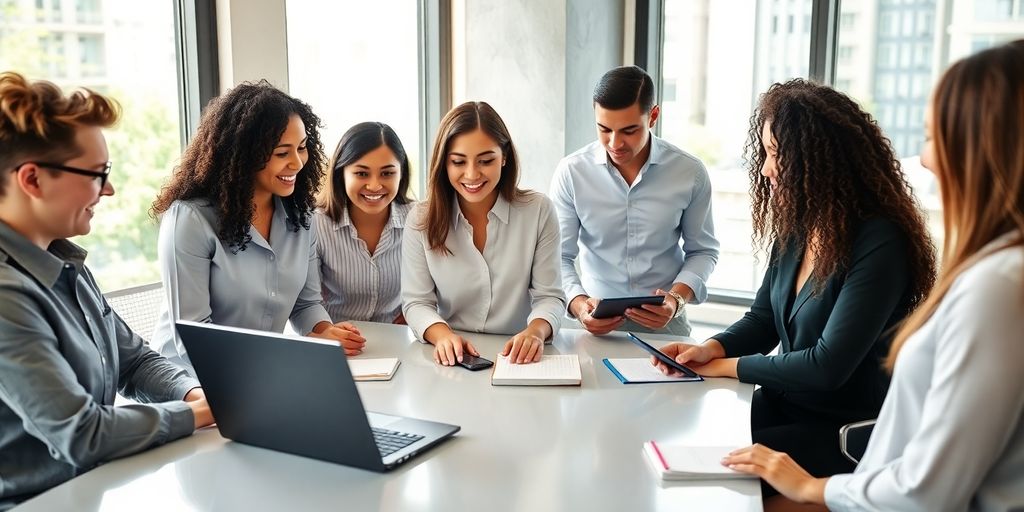 Professionals working around conference table in office with laptop smartphones