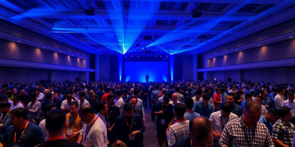 Conference attendees in networking area under bright vibrant stage lights.