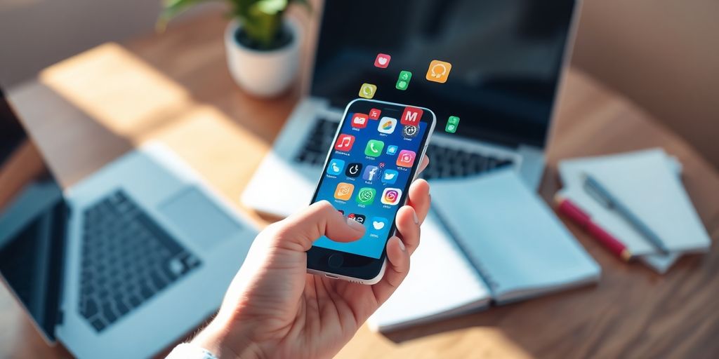 Hand holding smartphone with colorful app icons floating above screen.